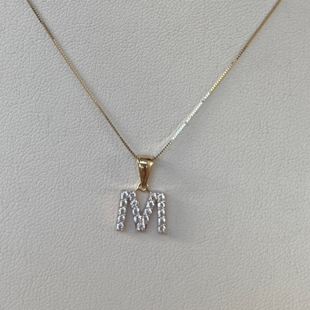 2pc set 14K Yellow Gold CZ M initial 16” inches 0.5mm Dainty Box chain necklace